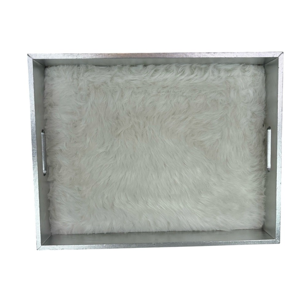 Silver Faux Leather Decor Tray White Faux Fur Liner Decorative Vanity Tray glam